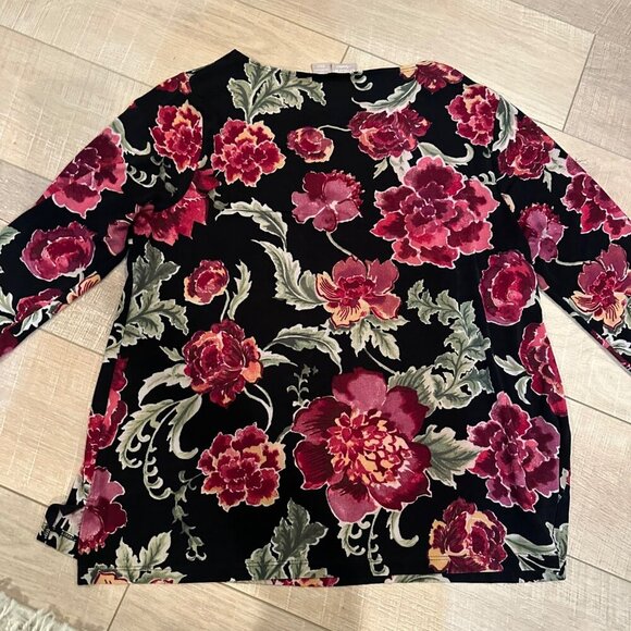 Chicos Travelers Floral 3/4 Sleeve Black & Red Top Size 2P US 12/14 Petite - Picture 7 of 7